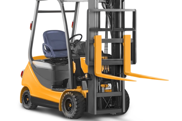 Yellow and black forklift with raised forks and blue operator seat against white background.