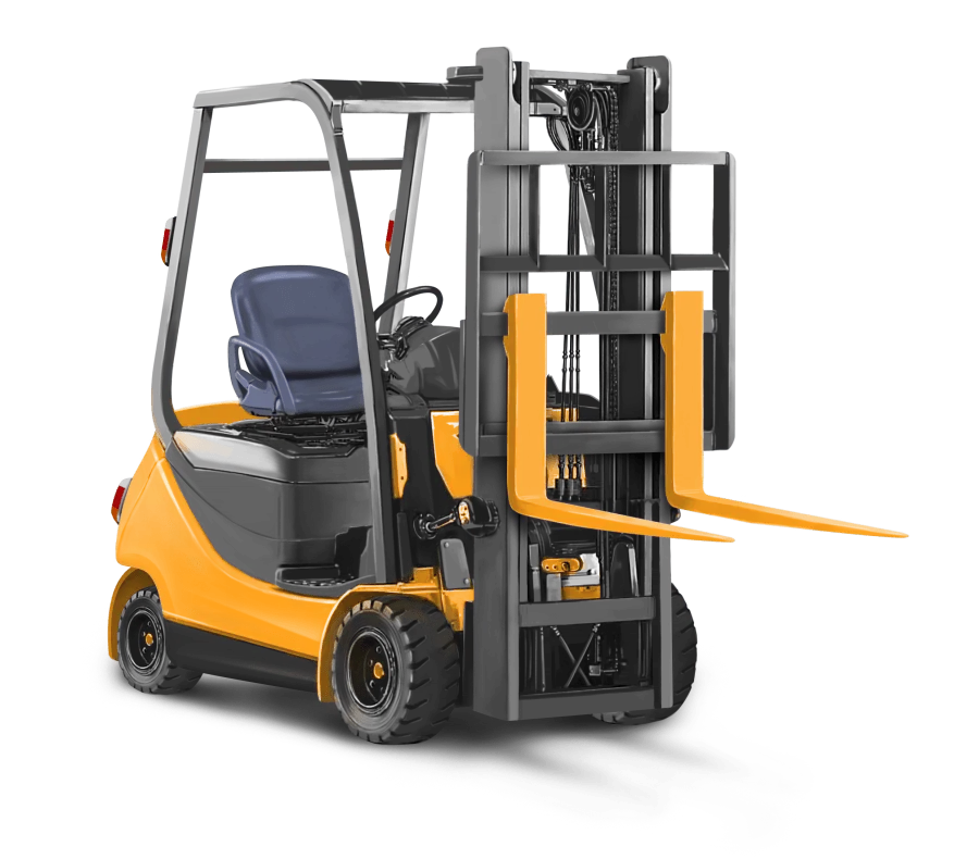 Yellow and black forklift with raised forks and blue operator seat against white background.