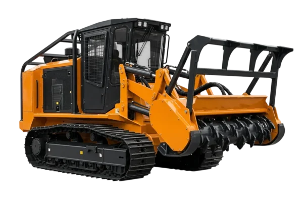 Orange and black tracked snow grooming machine with enclosed cab and rotating drum attachment, shown against white background.