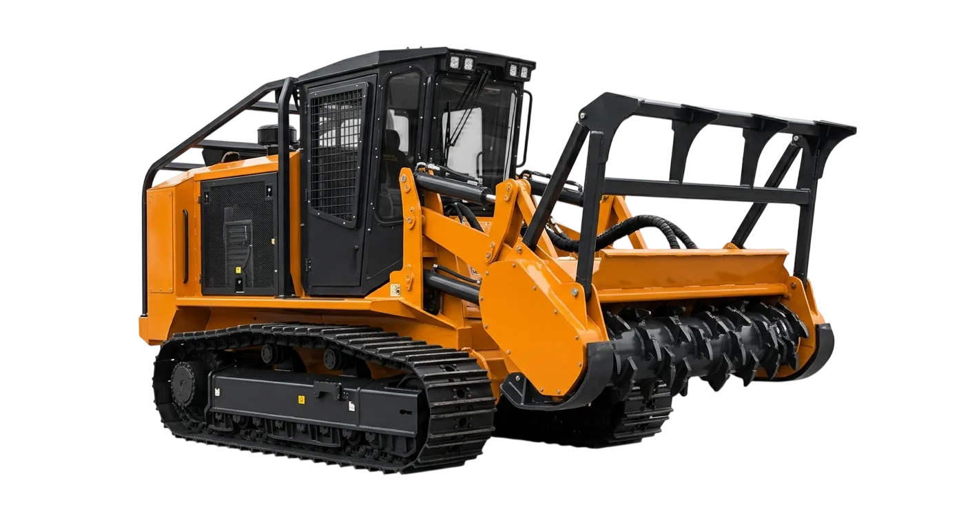 Orange and black tracked snow grooming machine with enclosed cab and rotating drum attachment, shown against white background.