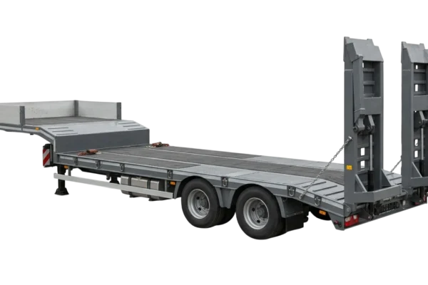 Gray lowboy flatbed trailer with dual axles and hydraulic ramps against white background.