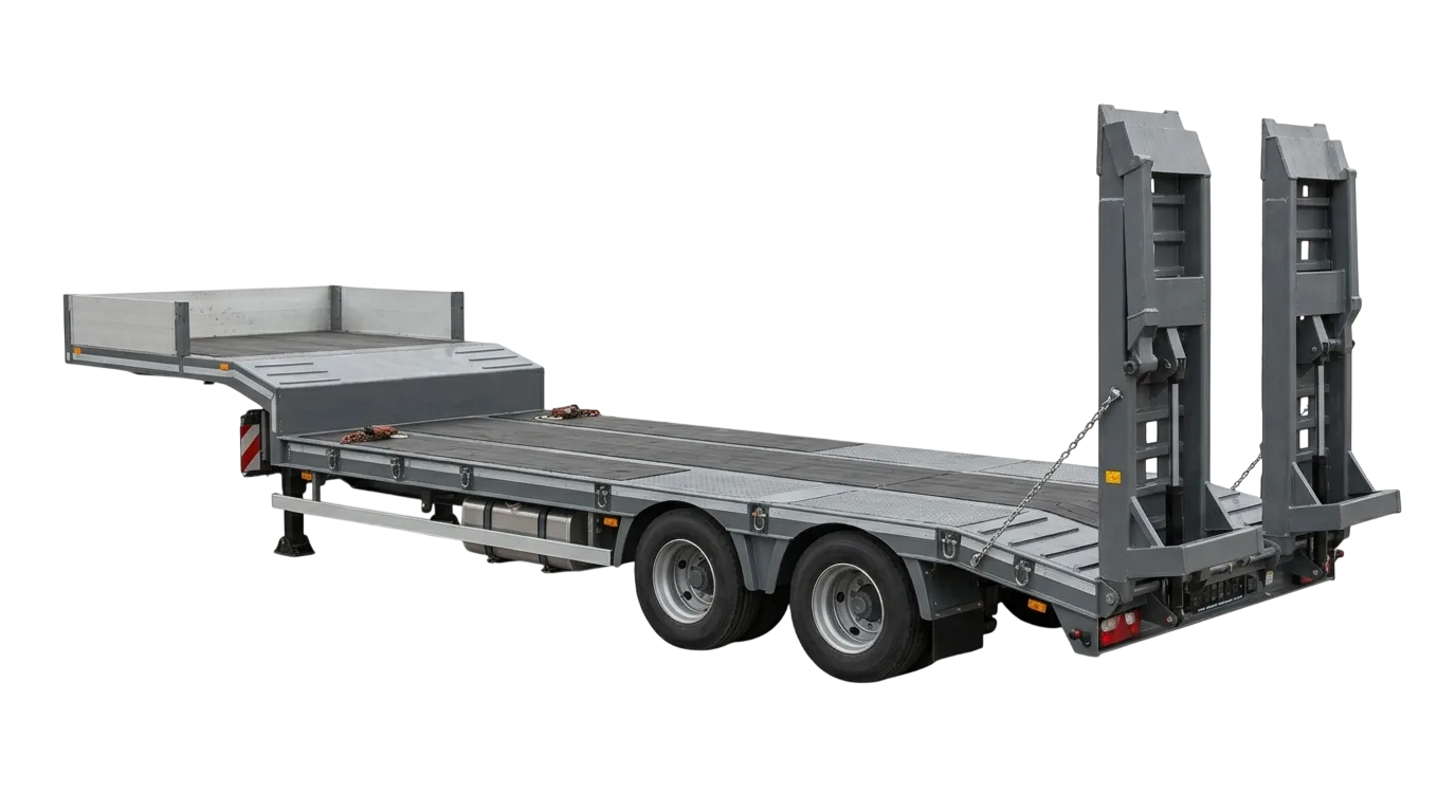 Gray lowboy flatbed trailer with dual axles and hydraulic ramps against white background.
