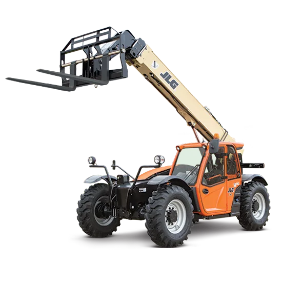Orange telehandler with extended boom holding pallet forks attachment against white background.