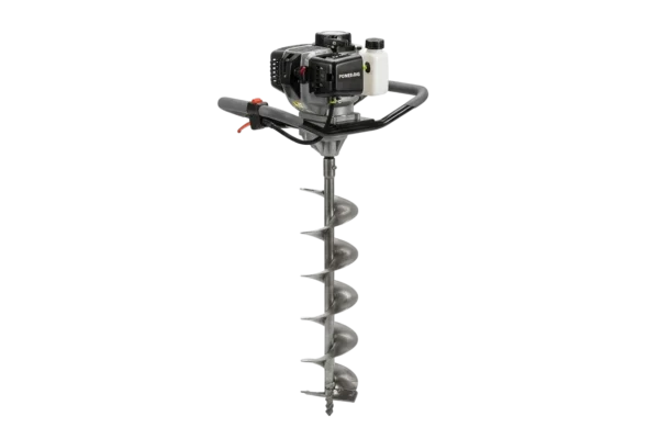 Powered gas-powered earth auger with spiral drill bit and handlebar controls against white background.