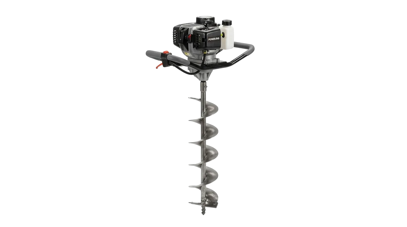 Powered gas-powered earth auger with spiral drill bit and handlebar controls against white background.