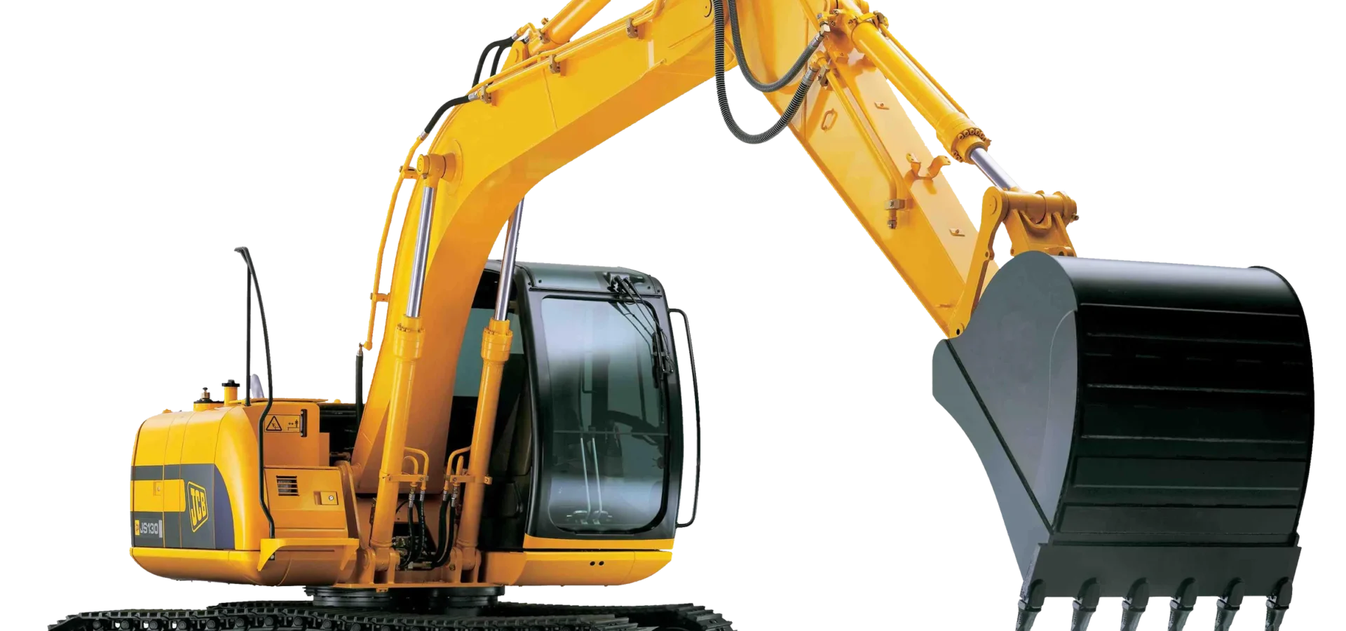 Yellow compact excavator with extended arm and bucket attachment on white background.