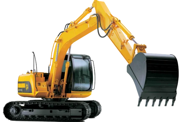 Yellow compact excavator with extended arm and bucket attachment on white background.