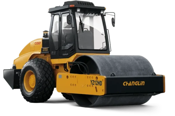 Yellow Changlin single-drum vibratory road roller with enclosed cab on white background.