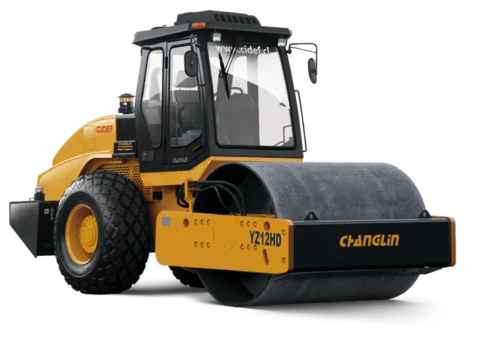Yellow Changlin single-drum vibratory road roller with enclosed cab on white background.