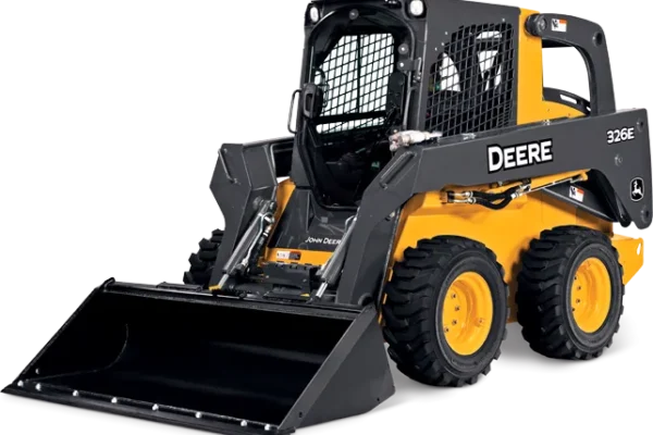 Yellow and black John Deere 325E skid steer loader with bucket attachment on white background.