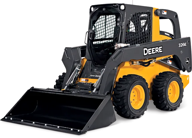 Yellow and black John Deere 325E skid steer loader with bucket attachment on white background.